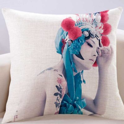 中国风新中式戏曲脸谱人物京戏花旦美女复古亚麻抱枕沙发棉麻靠垫
