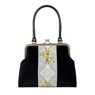 复古中国风刺绣包妈妈单肩包手提包黑色丝绒包包冬天款PU旗袍包