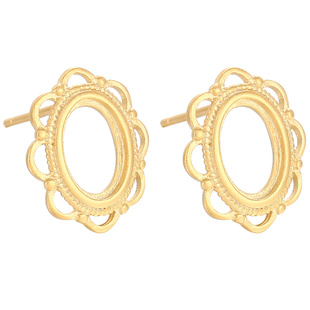 925纯银耳钉空托复古沙金工艺diy耳环托椭圆缕空镶嵌蜜蜡石耳钉托