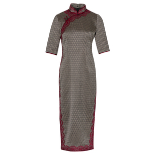 木真了中式改良中长款宴会礼服新品花边绣花修身五分袖旗袍裙306