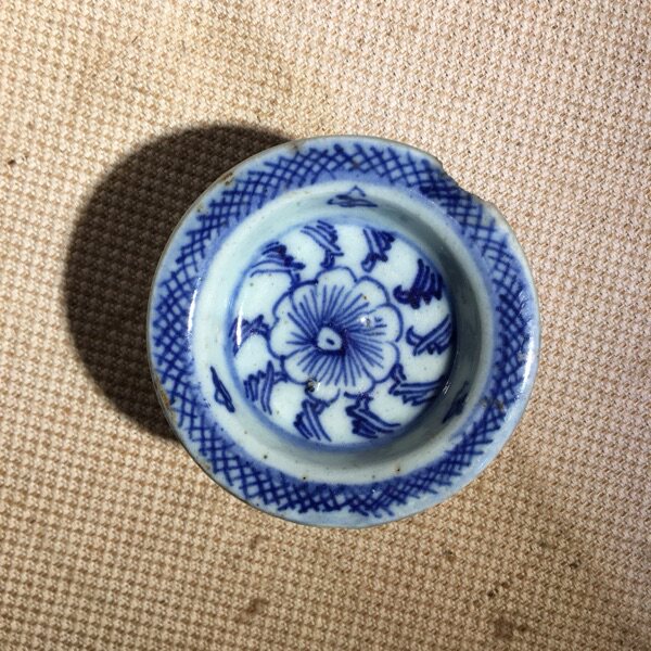 特价清代高脚盘青花瓷器烛台老物件古董新中式装饰摆件0471