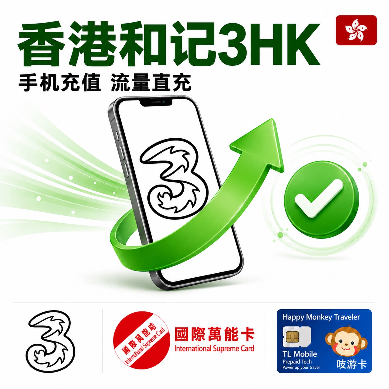 香港3HK流量充值 香港和记SIMWORLD漫游流量直充国际万能卡吱游卡图片