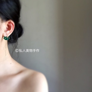 私人美物 独家设计文艺小清新绿色花朵造型925银防过敏耳线耳夹