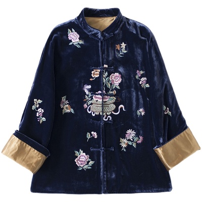 古韵丝绒刺绣花对襟盘扣棉服上衣