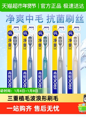 青蛙强劲祛渍中硬毛软毛超细毛牙刷抗菌刷丝成人家庭套组合装