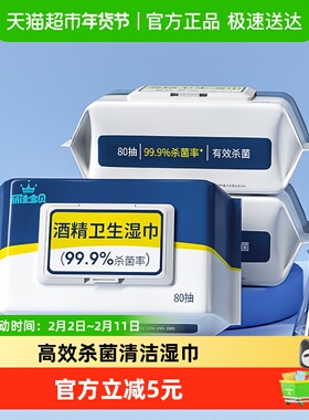 丽佳宝贝酒精卫生湿巾家用大包抑菌学生学校消毒纸巾80抽3包