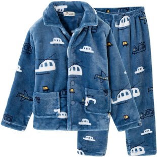 顶呱呱儿童珊瑚绒睡衣套装秋冬季男童法兰绒中大童家居服保暖套装