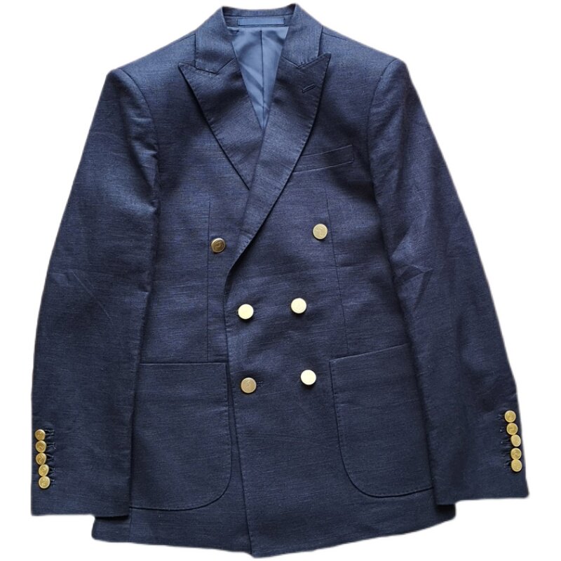 新款定制海军蓝贝雷泽双排扣男士西服枪驳领青春流行亚麻蓝色西装
