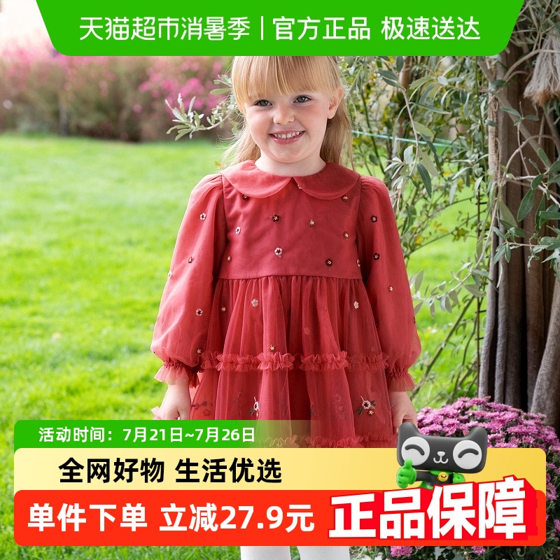 戴维贝拉儿童裙子女童红色连衣裙