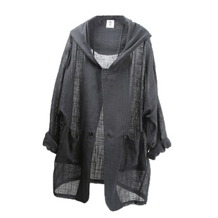 棉麻外套男复古潮流防晒宽松透气百搭廓形日系薄款麻纱连帽风衣