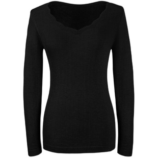 保暖亲肤!美雅碧热特姆 秋冬加绒长袖蕾丝V领打底衫 内衣套装女