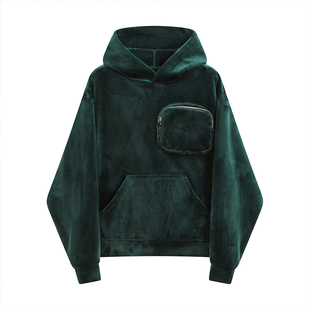 Undefined高街冬装加厚丝绒面料立体口袋潮牌宽松版型带帽卫衣