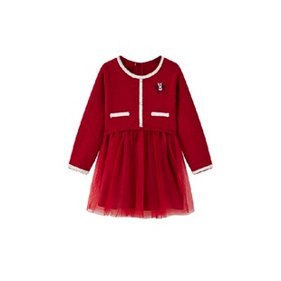 迪士尼童装儿童红色连衣裙冬季新款女童针织衫网纱裙冬裙拜年裙女