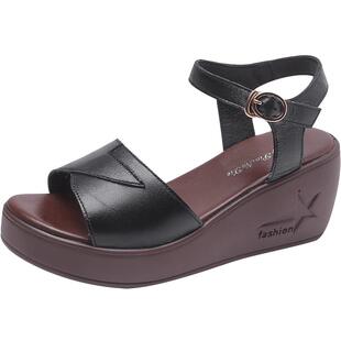 2025夏季新品原创厚底坡跟高跟牛皮凉鞋女休闲软底透气女鞋皮鞋