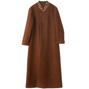 中国风毛呢外套女秋冬宽松中长款显瘦中式盘扣刺绣民族风羊毛大衣