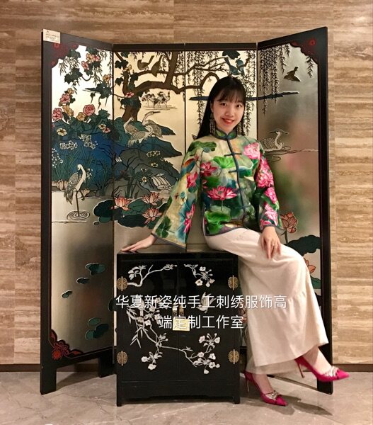 重工精品高端定制夏姿纯手工刺绣满绣荷花连肩袖广袖旗袍对襟外套