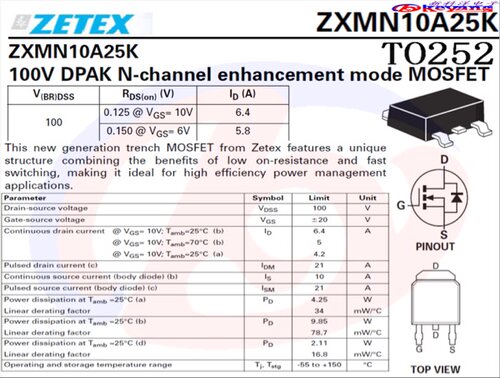 ZXMN10A25K   SOT-252  MOSFET 场效应管 MOS ZETEX