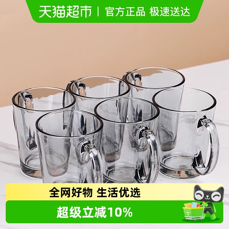 烟灰色玻璃杯家用带把手柄喝水杯耐热绿茶杯简约客厅家庭杯子套装