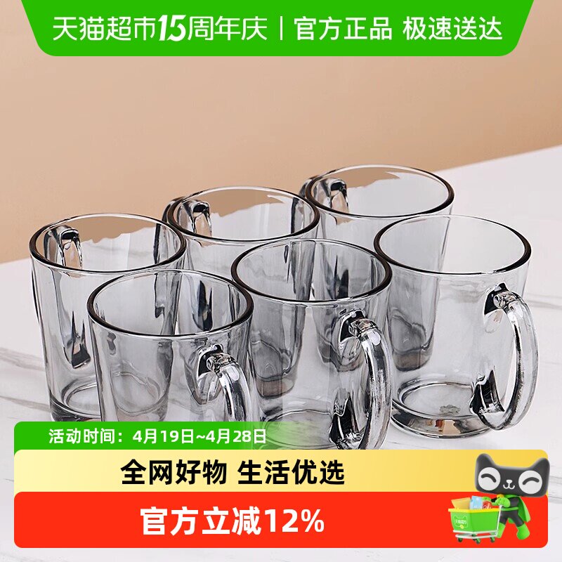 烟灰色玻璃杯家用带把手柄喝水杯耐热绿茶杯简约客厅家庭杯子套装
