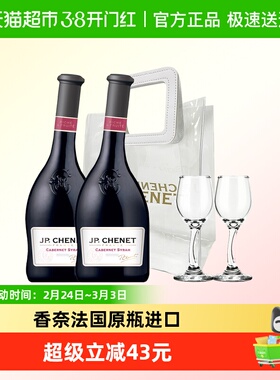 法国进口香奈西拉赤霞珠干红葡萄酒750ml*2+冰袋装+2个歪脖子酒杯