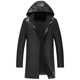 雪豹真皮皮衣男头层绵羊皮商务休闲体制内连帽中长弹力皮风衣外套