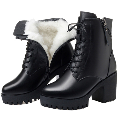 全牛皮冬季加绒高跟羊毛棉靴子