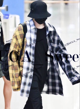 闵玧其SUGA防弹少年团BTS同款新品特价韩国拼色格子衬衫衬衣外套