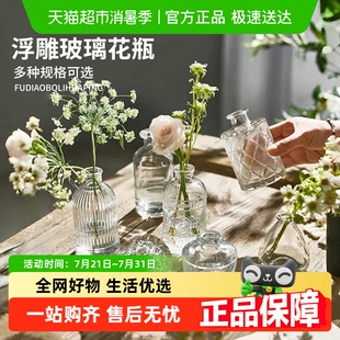 饰家居花盆 复古浮雕透明玻璃花瓶高级感摆件插花器客厅桌子干花装