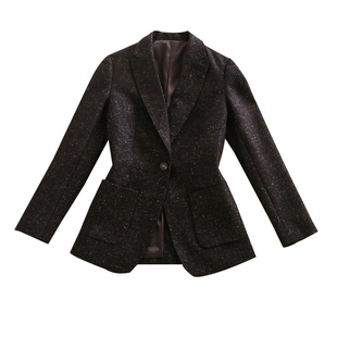 超越普通西服的美貌与颜值 别致夹花绛紫色 羊毛呢修身西装外套女