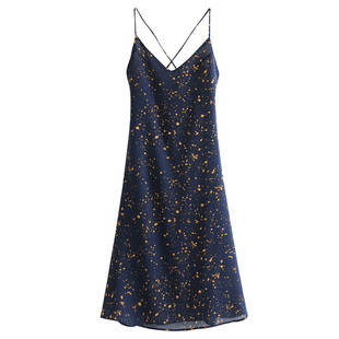 【包邮】澳洲小众夏季新款复古斑点印花性感大露背交叉系带连衣裙