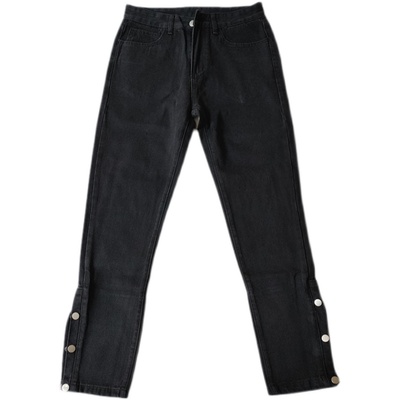 fog潮牌水洗蓝纽扣侧开叉牛仔裤