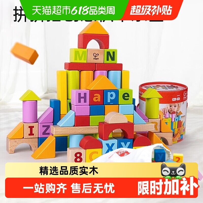 Hape木制积木大颗粒1-6岁宝宝启蒙儿童早教幼儿拼搭玩具生日礼物