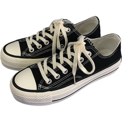 黑色厚底增高低帮休闲透气帆布鞋