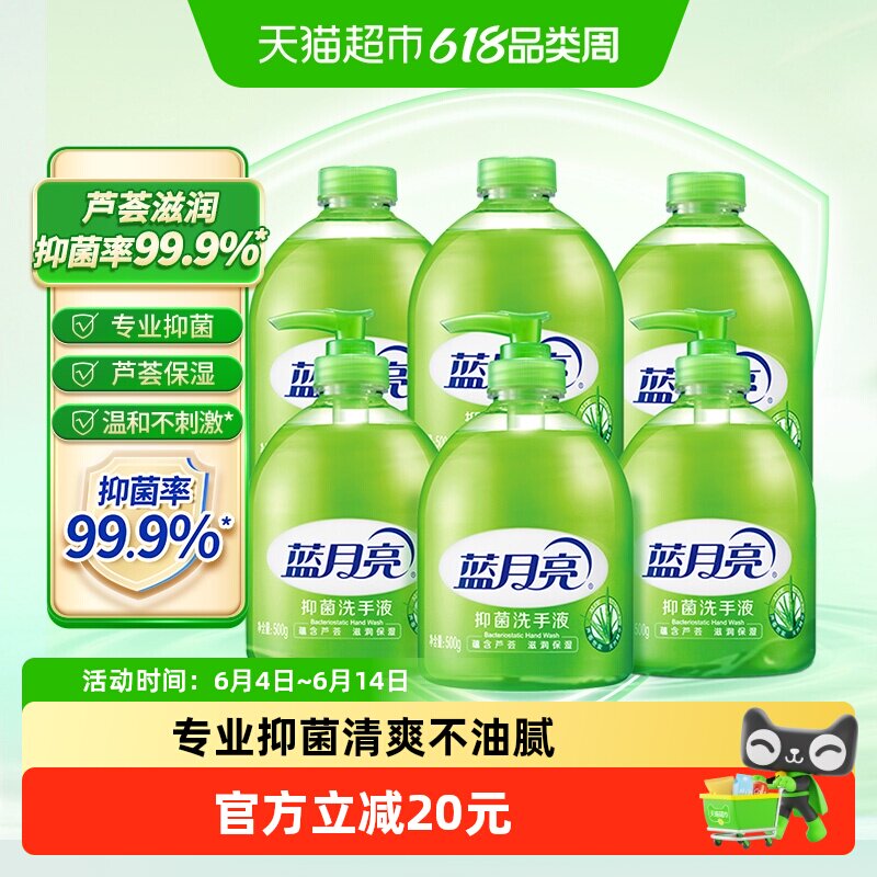 蓝月亮芦荟抑菌洗手液家用滋润瓶装500g*6瓶温和不伤手套装