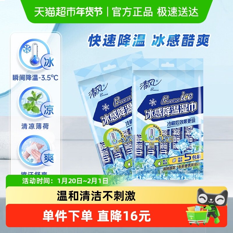【直播专属】清风冰感降温运动湿巾5包*2袋止汗去味清凉薄荷,洗护清洁剂/卫生巾/纸/香薰,常规湿巾,淘宝优惠券,粉丝福利购,淘宝优惠卷