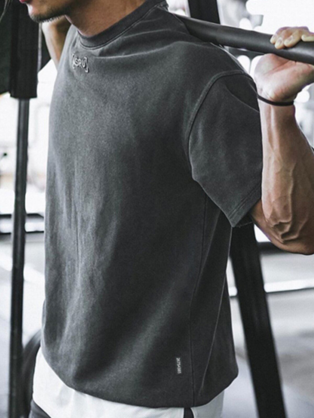 ASRV HEAVY FITNESS SPORTS SOLID COLOR ROUND NECK SHORT-SLEEVED COTTON WASHED EMBROIDERED OFF-THE-SHOULDER T-SHIRT [GB SIZE]