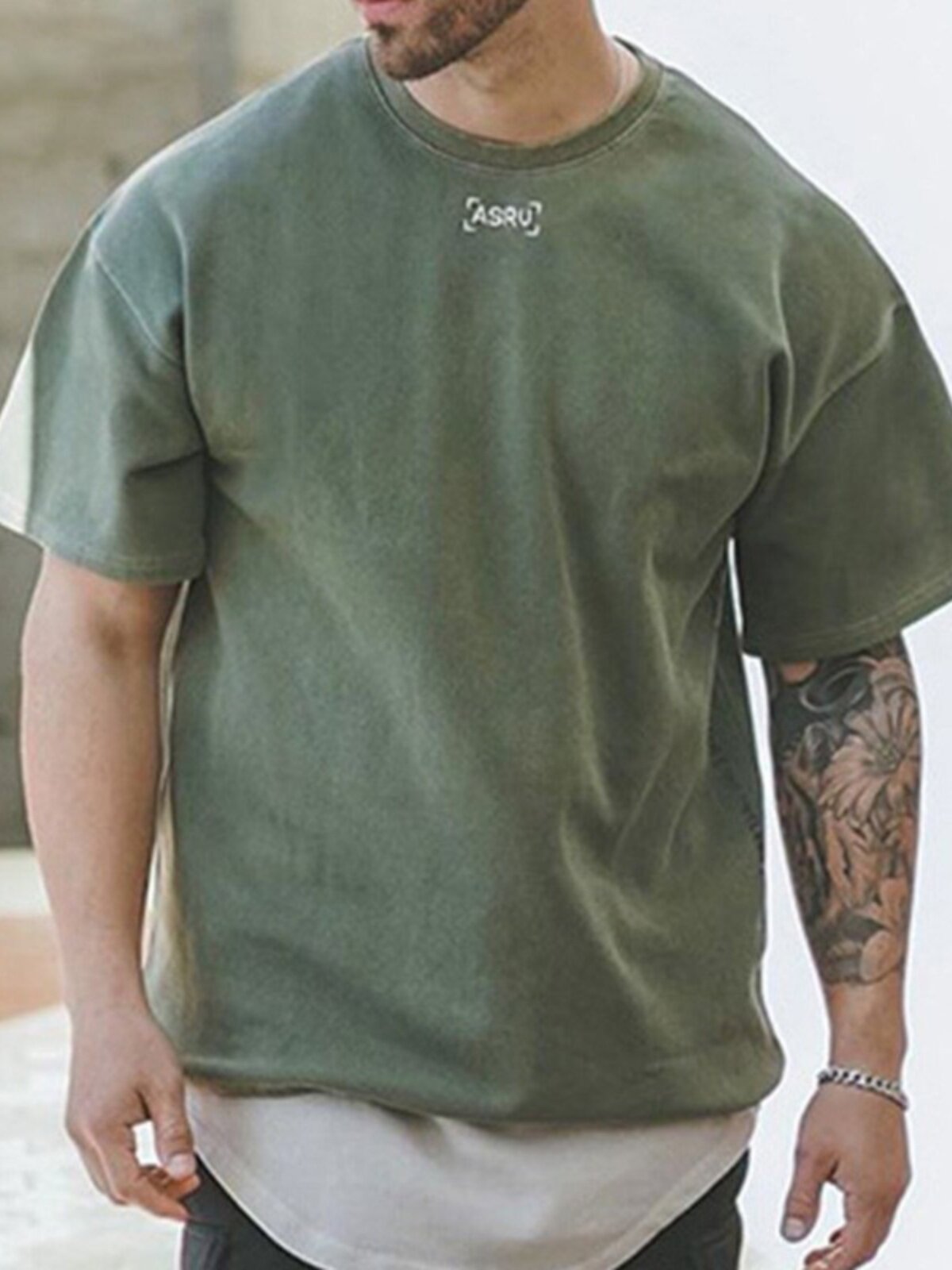 ASRV HEAVY FITNESS SPORTS SOLID COLOR ROUND NECK SHORT-SLEEVED COTTON WASHED EMBROIDERED OFF-THE-SHOULDER T-SHIRT [GB SIZE]