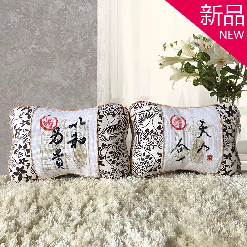 车内印花十字绣抱枕一对客厅汽车用靠枕垫护腰枕四件套枕头新