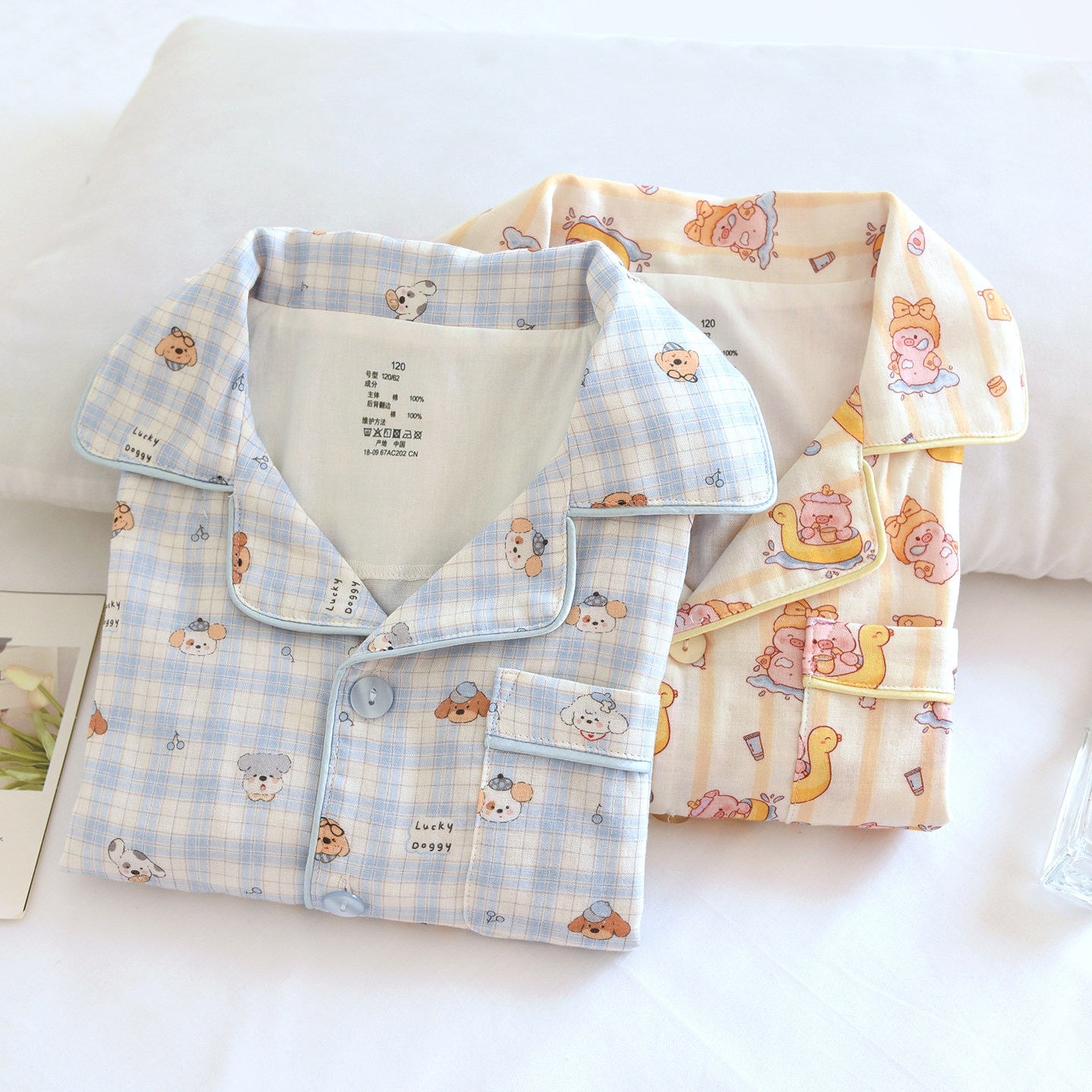 2026新款儿童春夏薄款纯棉双层纱布睡衣套男童全棉卡通日系家居服