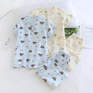 棉纱男童透气家居服 7分裤 日系2025新儿童夏季 薄纯棉纱布睡衣短袖