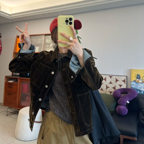 25Ann studio韩版时尚休闲百搭修身显瘦翻领短款直绒牛仔外套女
