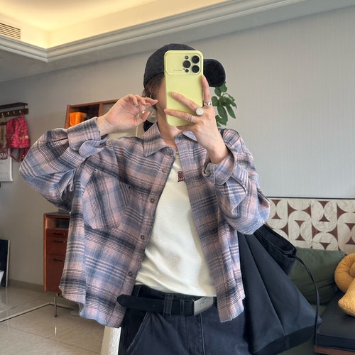 25Ann studio韩版时尚休闲百搭宽松显瘦短款格子衬衫外套女