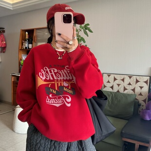 休闲百搭宽松圆领小喇叭印花加绒卫衣 时尚 25Ann studio2025韩版