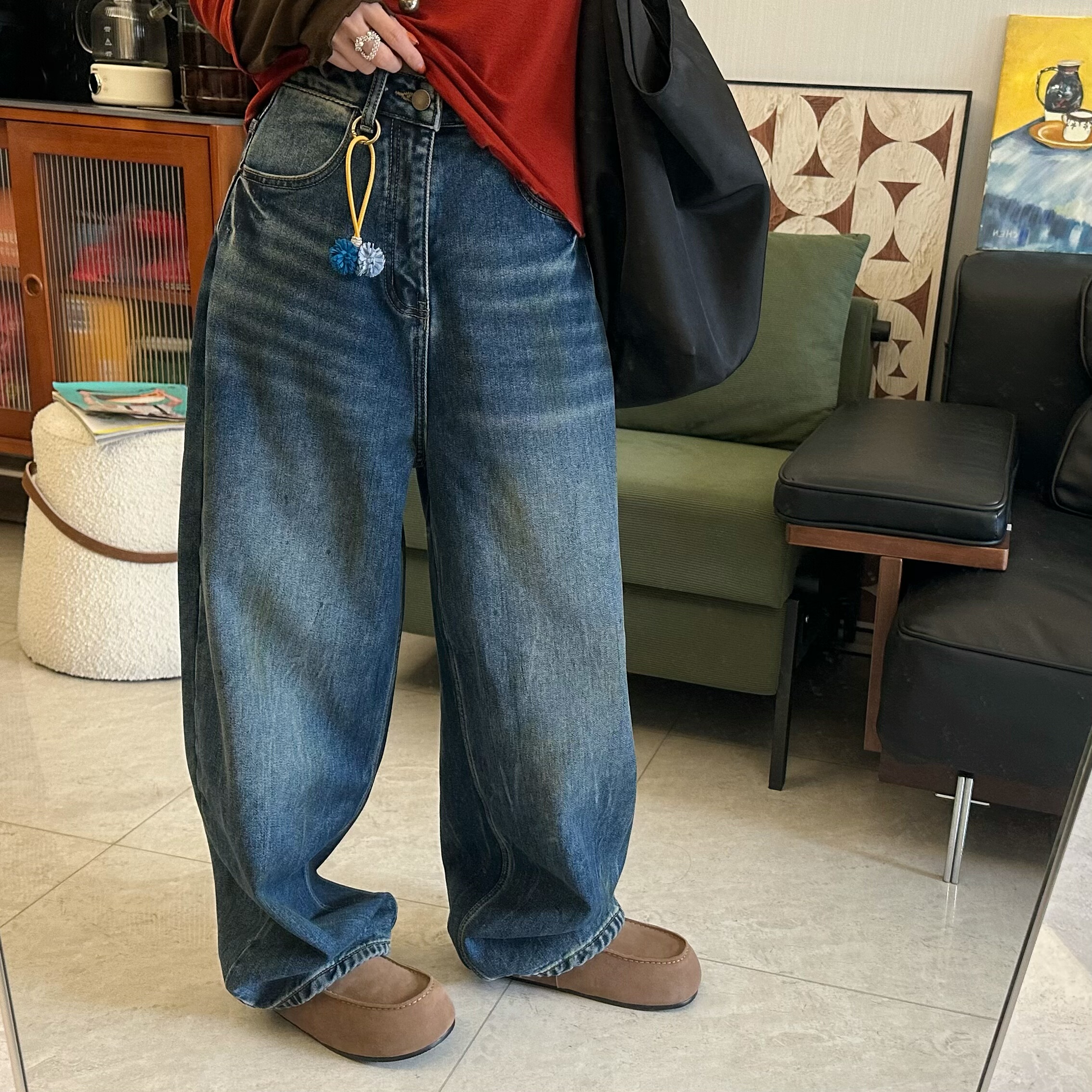 25Ann studio2025韩版时尚休闲百搭高腰显瘦弯刀阔腿牛仔裤时尚