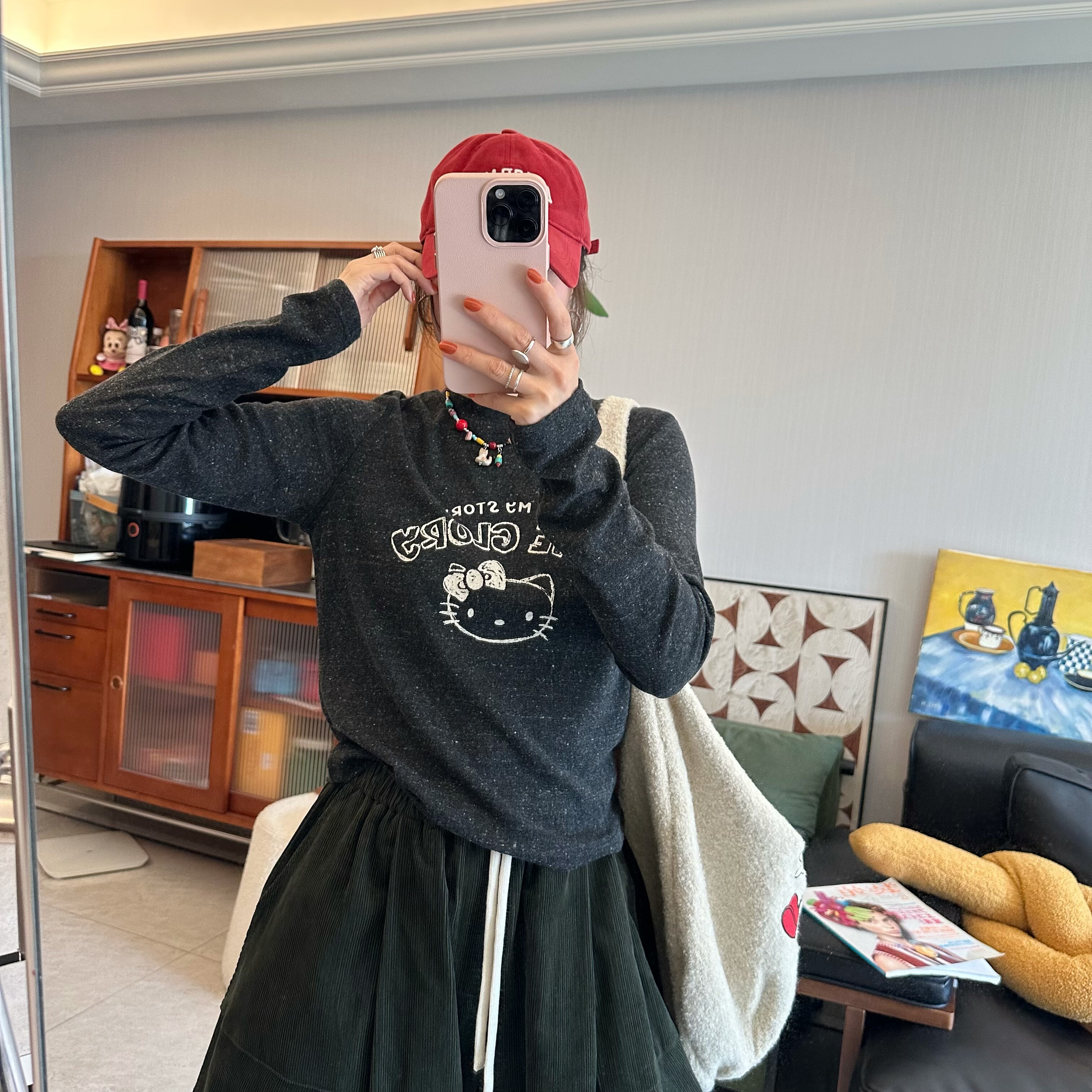 25Ann studio2025韩版时尚百搭圆领KT猫卡通印花长袖T恤打底修身