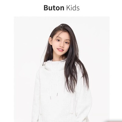 Buton Kids女童澳粒绒连帽卫衣秋冬款洋气白色加绒上衣亲子装