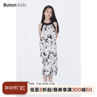 连衣裙夏季 Buton 水墨无袖 Kids女童新中式 全棉蝴蝶结背心裙亲子装