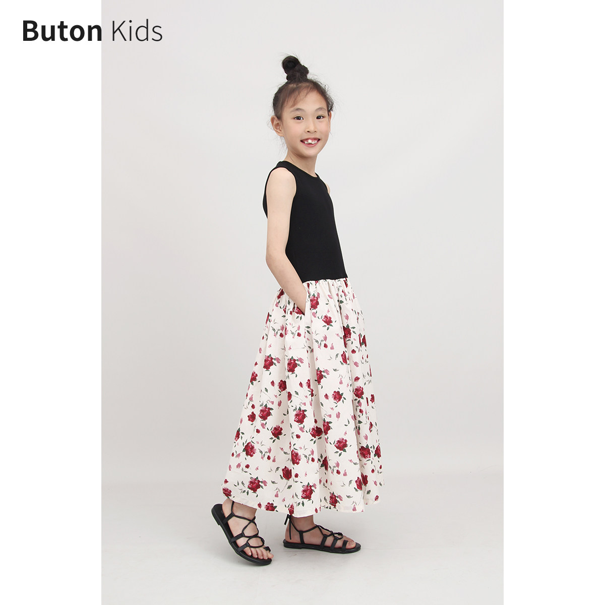 Buton Kids女童玫瑰拼接无袖连衣裙夏季新款气质度假背心裙亲子装