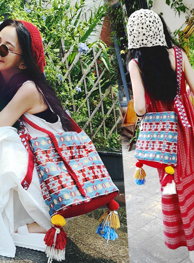 蓝狩札记~波普先生原创水桶包波西米亚嬉皮帆布大容量旅行斜挎包