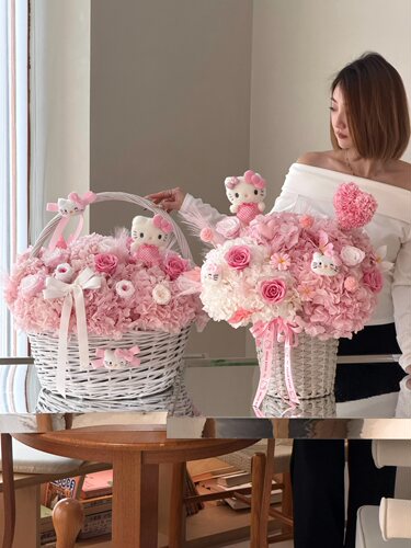 法式田园风永生花玫瑰花篮helloKitty真花礼盒520情人节生日礼物